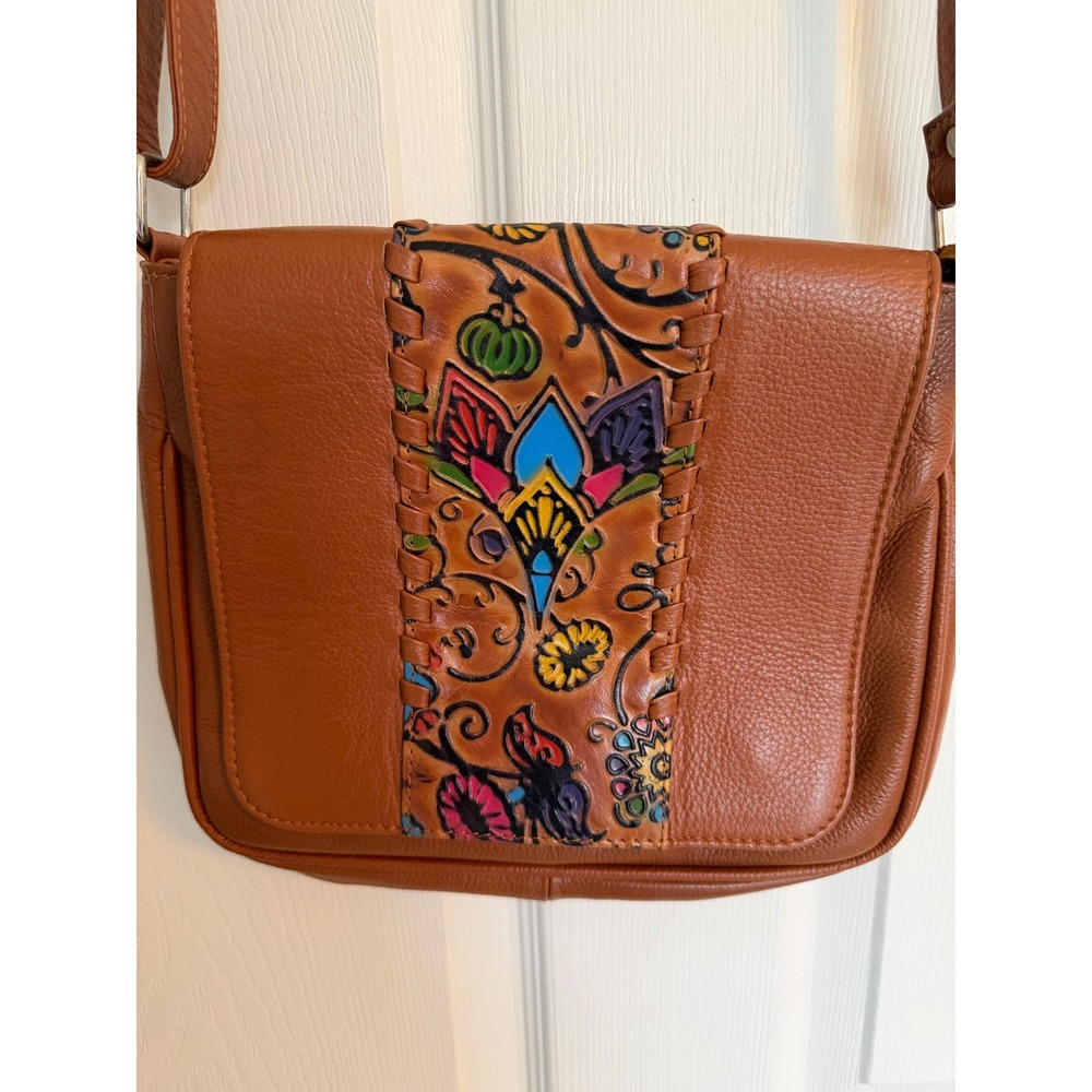 Hand Painted Floral Leather Crossbody Bag Tan Boho Whipstitch Messenger Purse